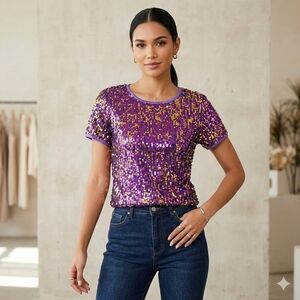 Sparkling Purple Sequin Short Sleeve Top